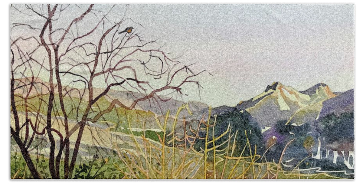 #malibu Beach Towel featuring the painting Reagan Ranch Meadow - Golden Hour by Luisa Millicent