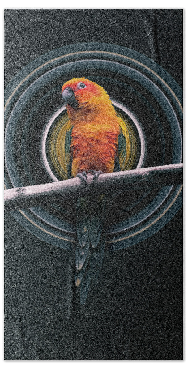 Vibrant Beach Towel featuring the digital art Parrot Pixel Stretch by Pelo Blanco Photo