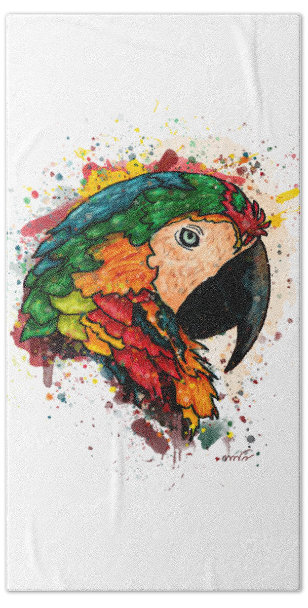 Parrot Beach Towel featuring the painting Parrot portrait painting on white background, Macaw parrot by Nadia CHEVREL