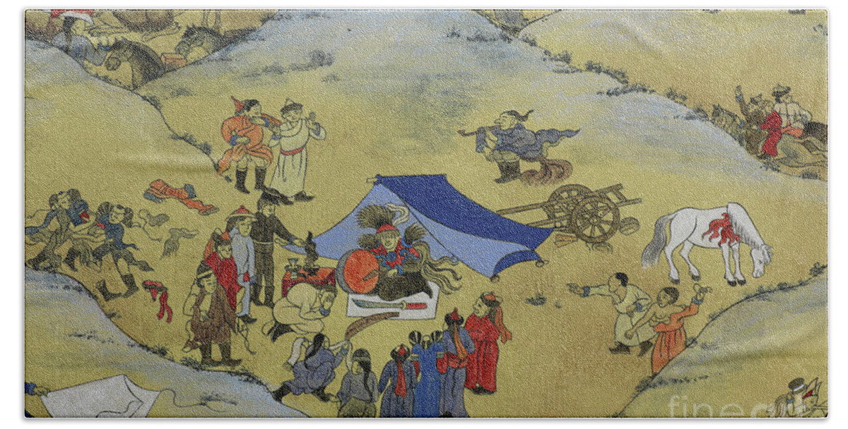 Mongolian Beach Towel featuring the painting Part of One day in Mongolia by Solongo Chuluuntsetseg