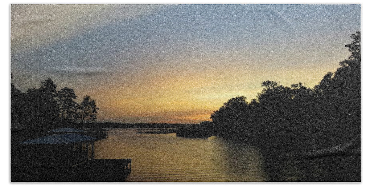 The Skies Are Mid-toned Blue And Yellow In This Beautiful Lake Sinclair (milledgeville Beach Towel featuring the photograph Pastels Plenty Lake Sunrise by Ed Williams