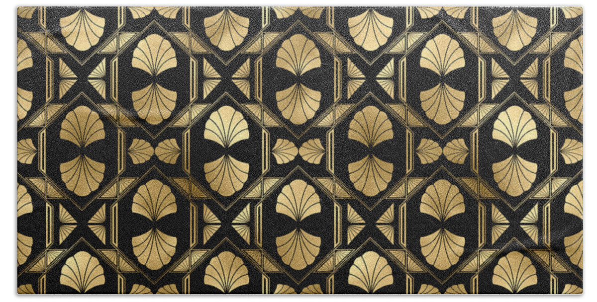 Art Beach Towel featuring the digital art Pastrana - Gold Black Art Deco Seamless Pattern by Sambel Pedes