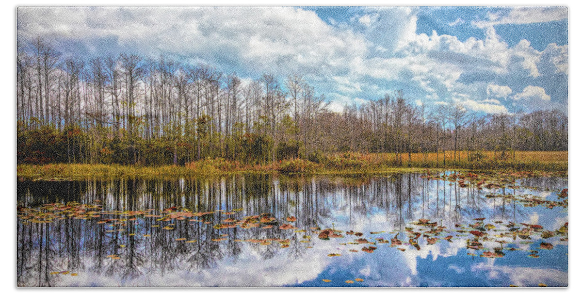 Clouds Beach Towel featuring the photograph Peaceful Autumn Reflections on the Everglades by Debra and Dave Vanderlaan