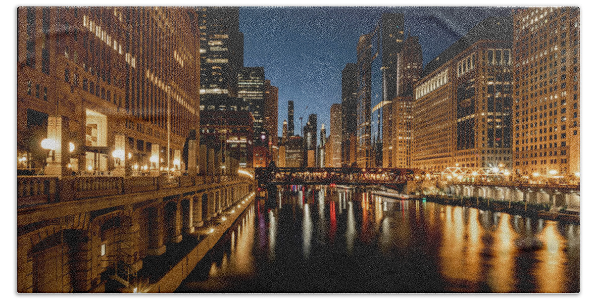 Chicago Beach Towel featuring the photograph Peaceful night on the Chicago river by Sven Brogren
