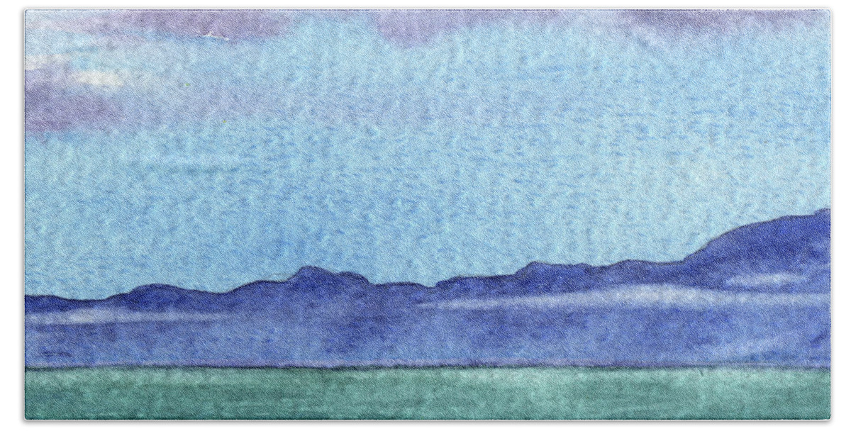 Mountain Lake Beach Towel featuring the painting Peaceful Seascape Watercolor Lake With Mountains And Clouds by Irina Sztukowski