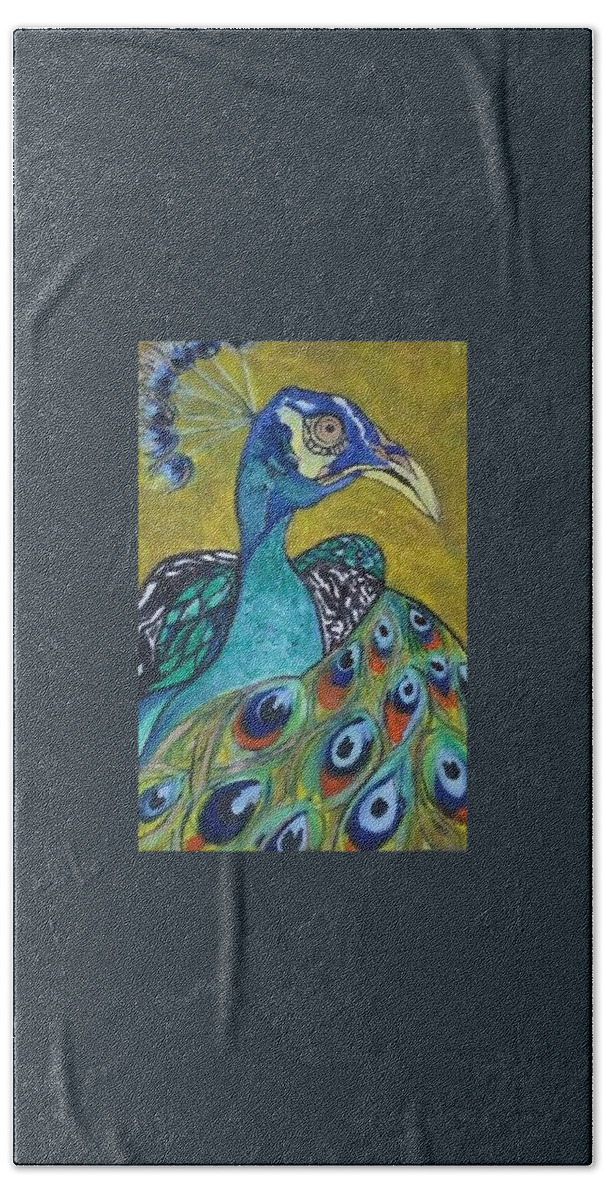 Animal Beach Towel featuring the painting Peacock by Greta Gnatek Redzko