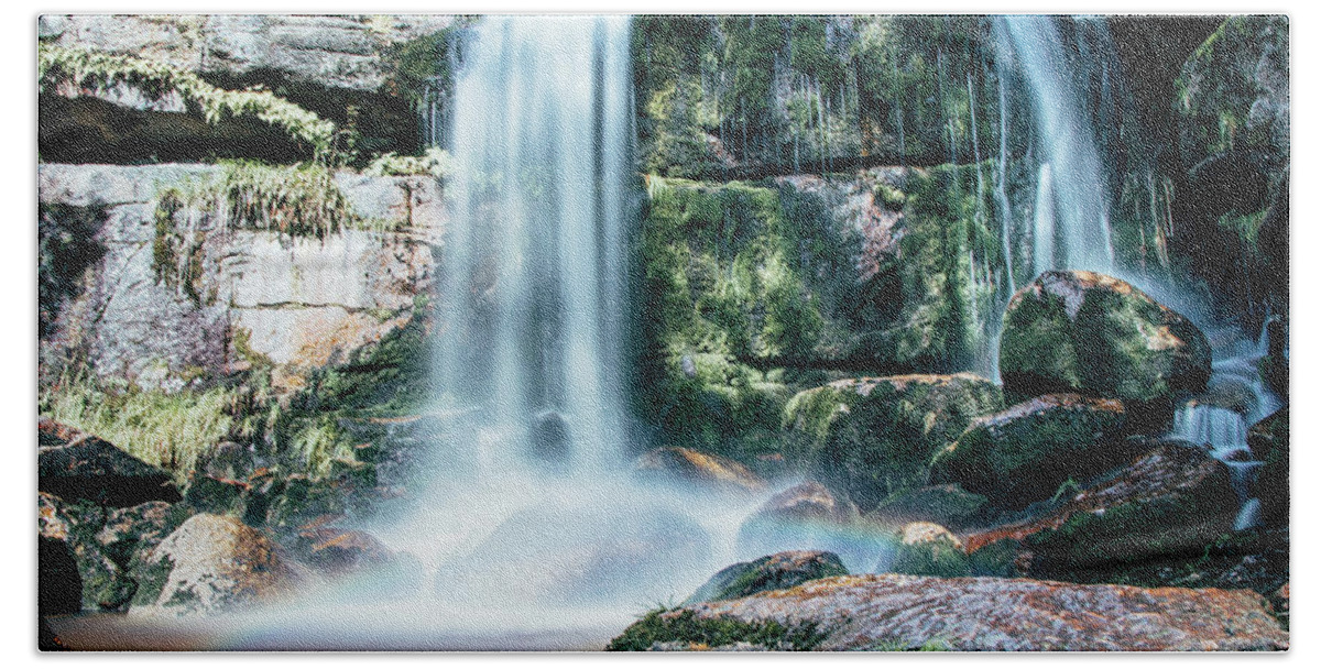 Jizera Mountains Beach Towel featuring the photograph Summer colours colour the ice waterfall during sunrise. Jizera Mountains by Vaclav Sonnek