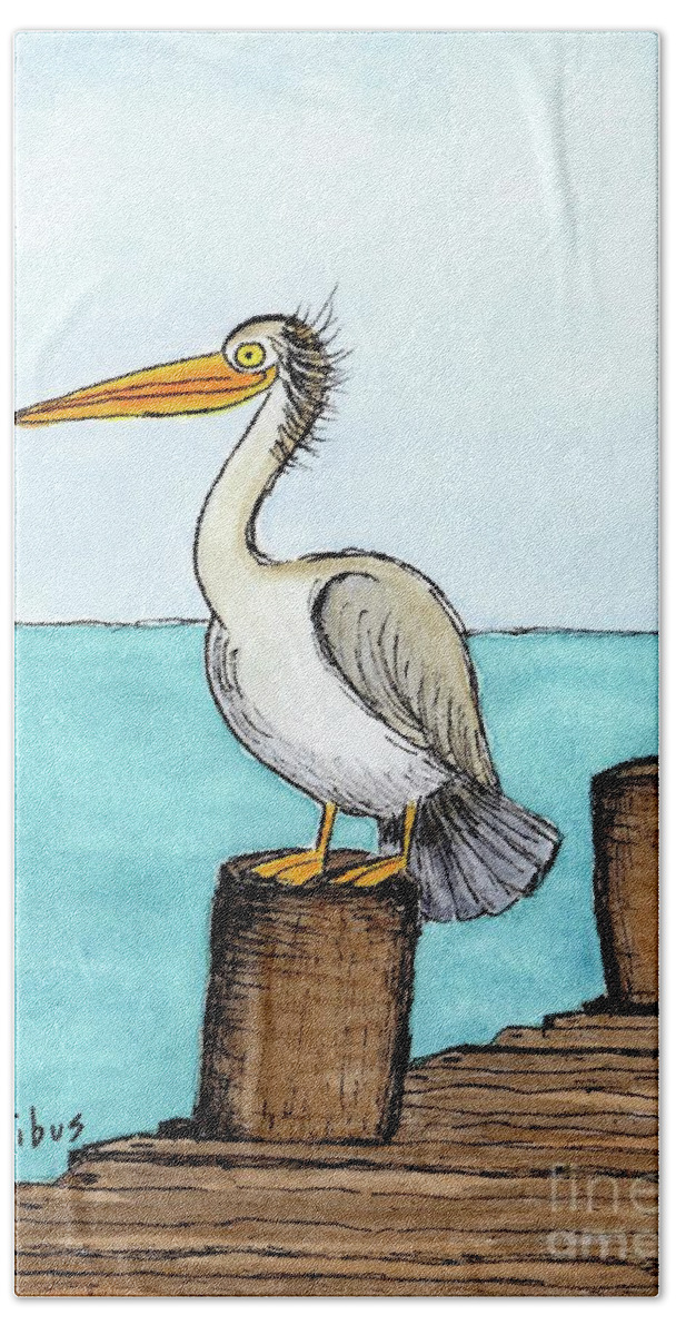 Coastal Bird Beach Towel featuring the painting Pelican Perched on Pier by Donna Mibus
