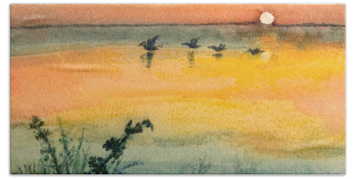 Pelicans Beach Towel featuring the painting Pelicans by Deb Stroh-Larson