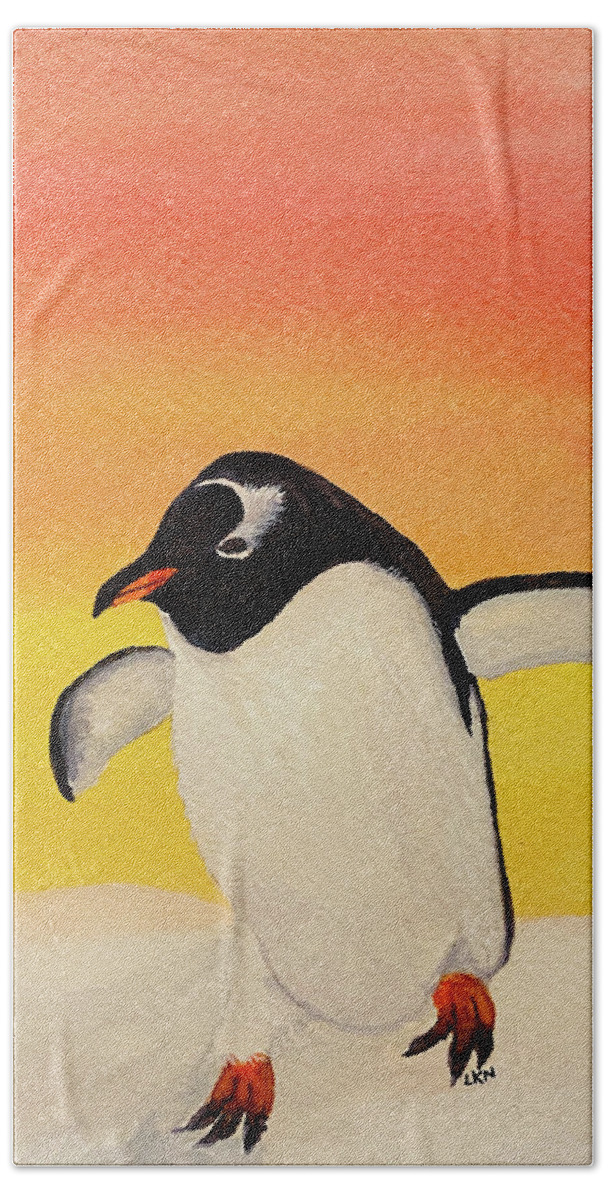 Penguin Beach Towel featuring the painting Penguin at Sunset by Lisa Neuman