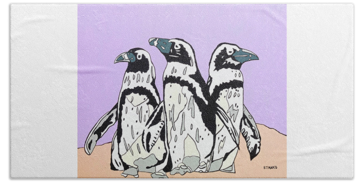 Penguins Birds Beach Towel featuring the painting Penguins by Mike Stanko