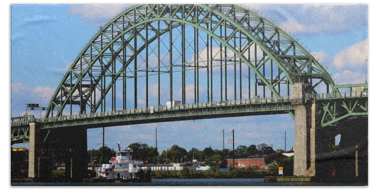 Tugboat Beach Towel featuring the photograph Penrose Tug Floating Below the Tacony-Palmyra Bridge on the Delaware River by Linda Stern