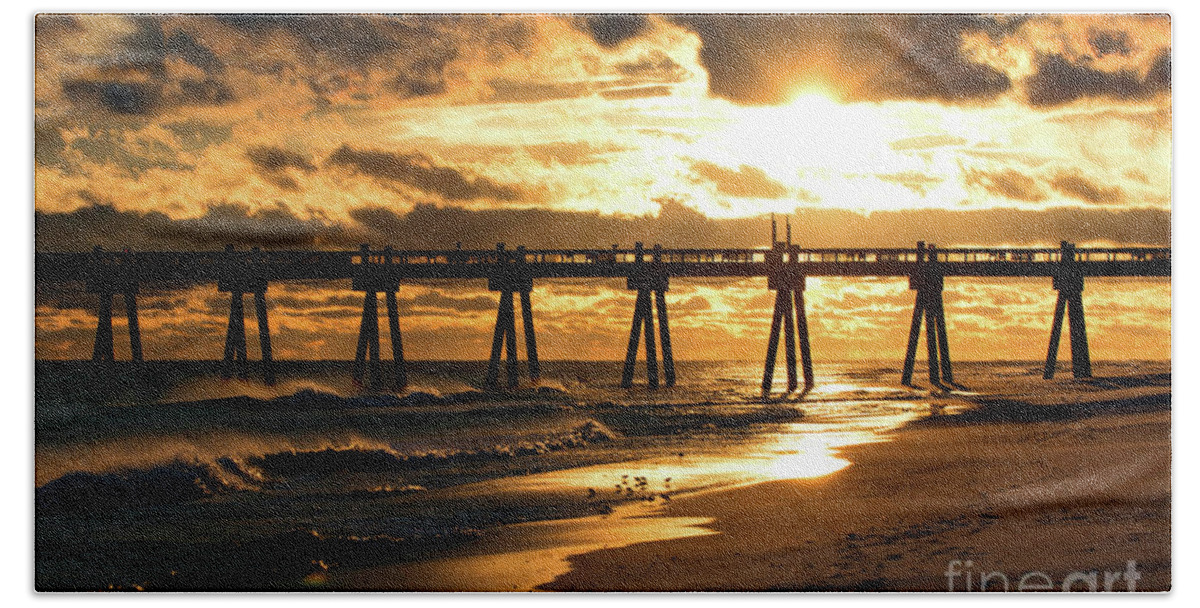 Sun Beach Towel featuring the photograph Pensacola Beach Fishing Pier at Sunset by Beachtown Views
