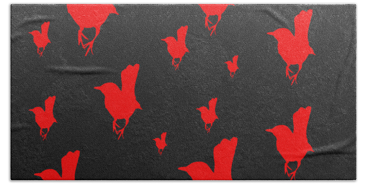 Bird Beach Towel featuring the digital art Perched Bird - Red on Black by Jason Fink