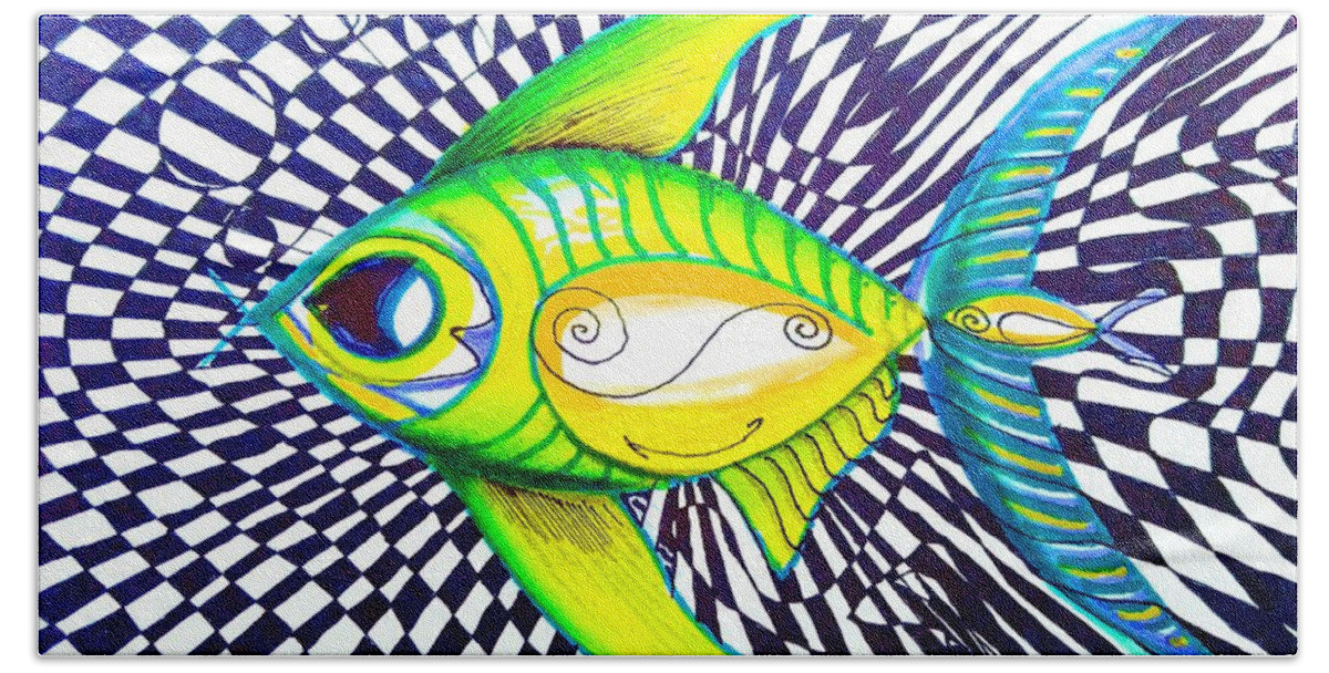 Fish Beach Towel featuring the painting Perplexed Contentment Fish by J Vincent Scarpace