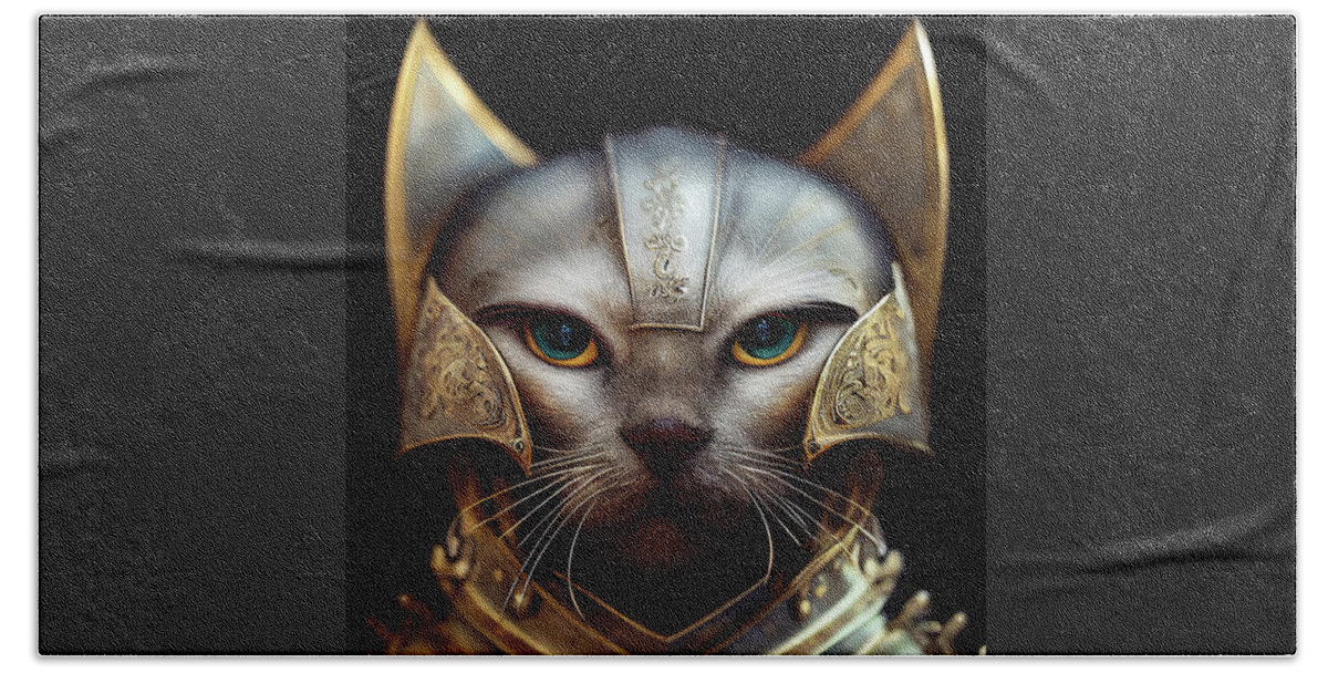Warriors Beach Towel featuring the digital art Persephone the Silver Cat Warrior Princess by Peggy Collins