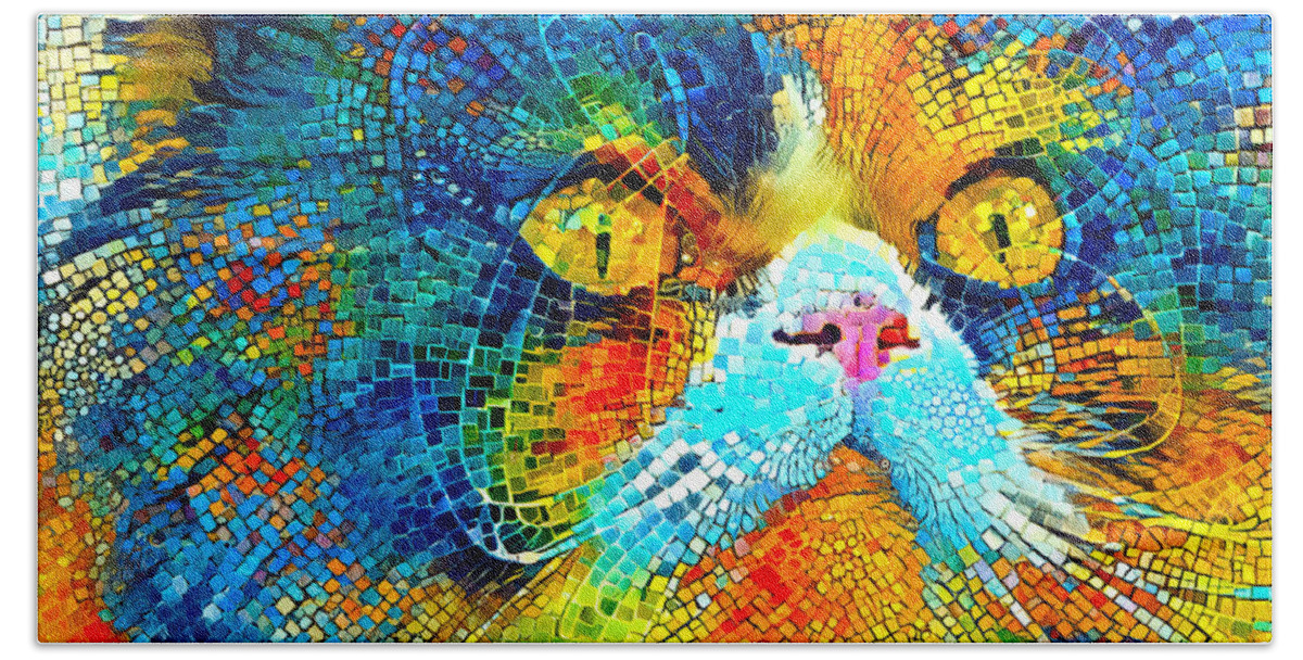 Persian Cat Beach Towel featuring the digital art Persian cat with long whiskers close-up - colorful mosaic by Nicko Prints