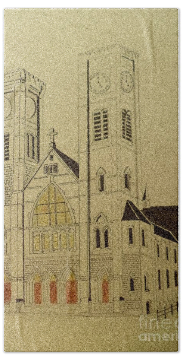 Church Beach Towel featuring the drawing Peter Paul's Catholic Church Ink Drawing by Donald Northup