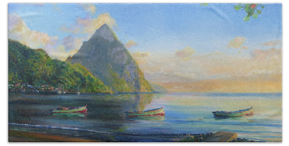 Caribbean Beach Towel featuring the painting Petit Piton with Three Gommier Boats by Jonathan Gladding