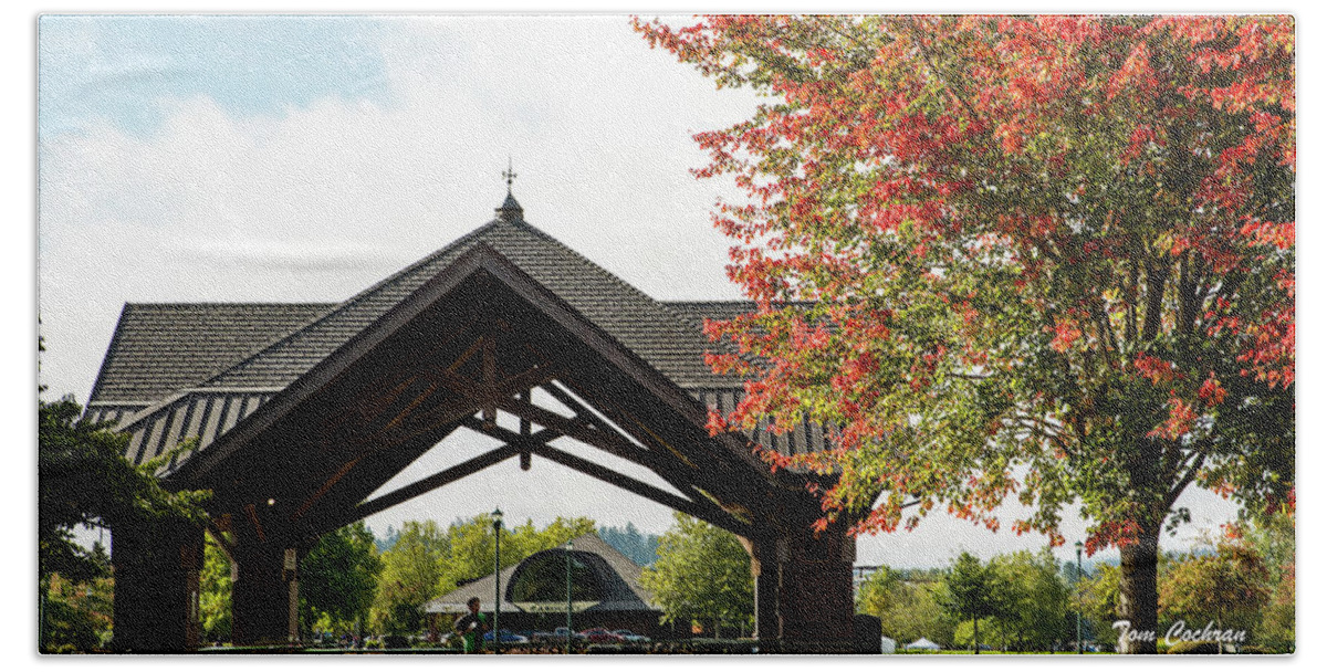 Picnic Shelter And Fall Maple In Salem Beach Towel featuring the photograph Picnic Shelter and Fall Maple in Salem by Tom Cochran