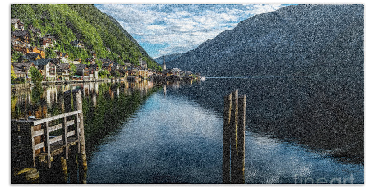 Austria Beach Towel featuring the photograph Picturesque Lakeside Town Hallstatt At Lake Hallstaetter See In Austria by Andreas Berthold