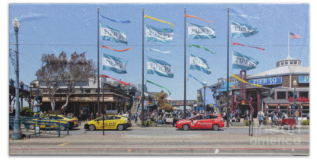 Wingsdomain Beach Towel featuring the photograph Pier 39 Flags San Francisco California 0F7A3294 by Wingsdomain Art and Photography