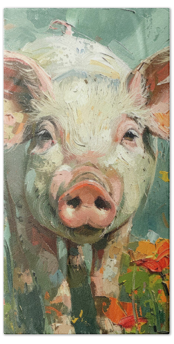 Pig Beach Towel featuring the painting Piggy In The Poppies by Tina LeCour