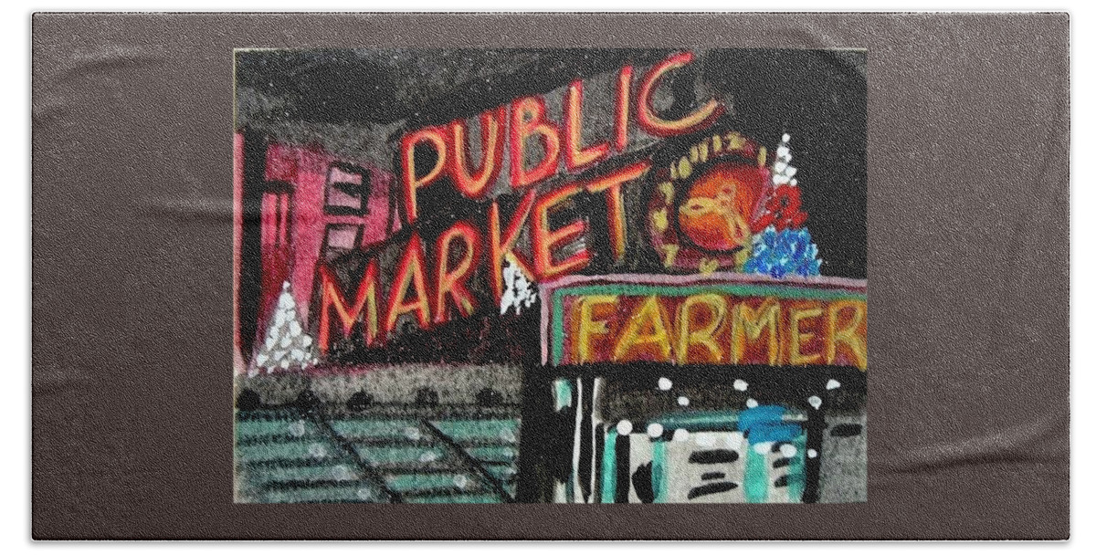 Pike's Place Market Beach Towel featuring the drawing Pike's Place Market At Night by Monica Resinger