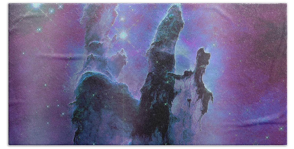 Pillars Of Creation Beach Towel featuring the mixed media Pillars of Creation V1 by Eileen Backman