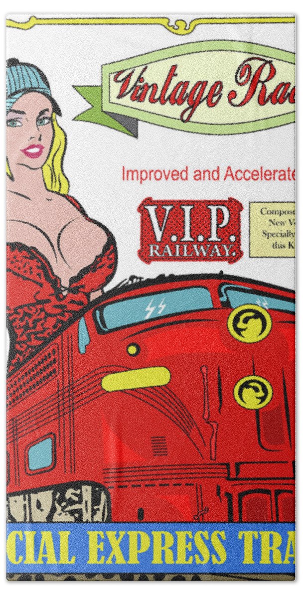Pinup Beach Towel featuring the digital art Pin-up Vintage Railway Poster by Long Shot