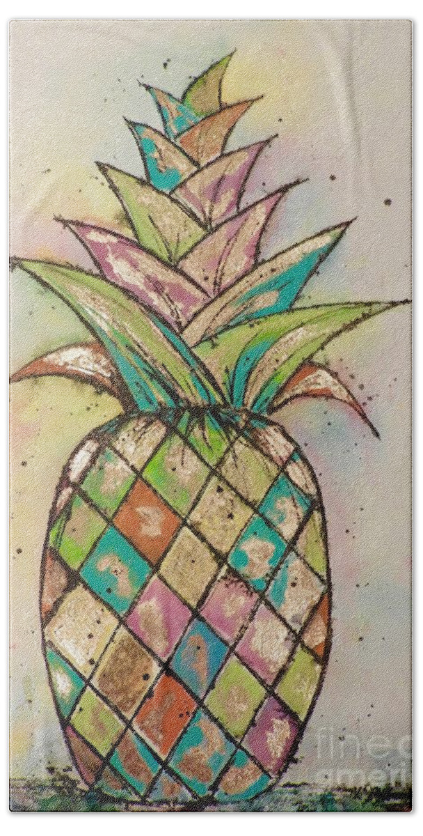 Pineapple Beach Towel featuring the painting Pineapple Gold by Midge Pippel