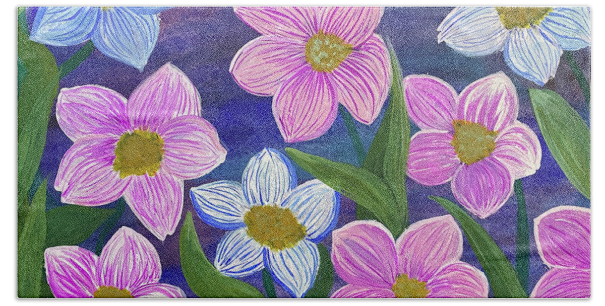 Pink Beach Towel featuring the mixed media Pink and Blue Flowers by Lisa Neuman