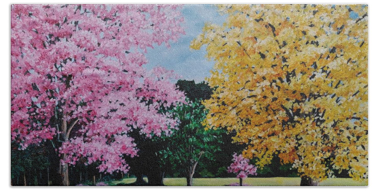 Poui Trees Beach Towel featuring the painting Pink And Yellow Puoi by Karin Dawn Kelshall- Best