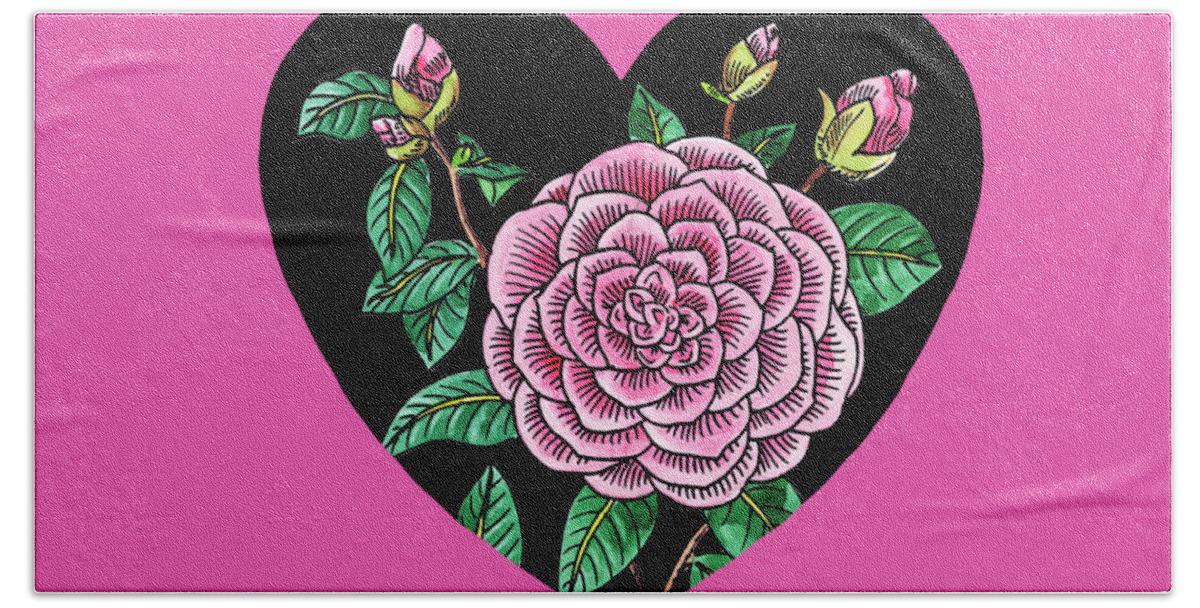 Heart And Flowers Beach Towel featuring the painting Pink Camellia Flower Heart Watercolor Art by Irina Sztukowski