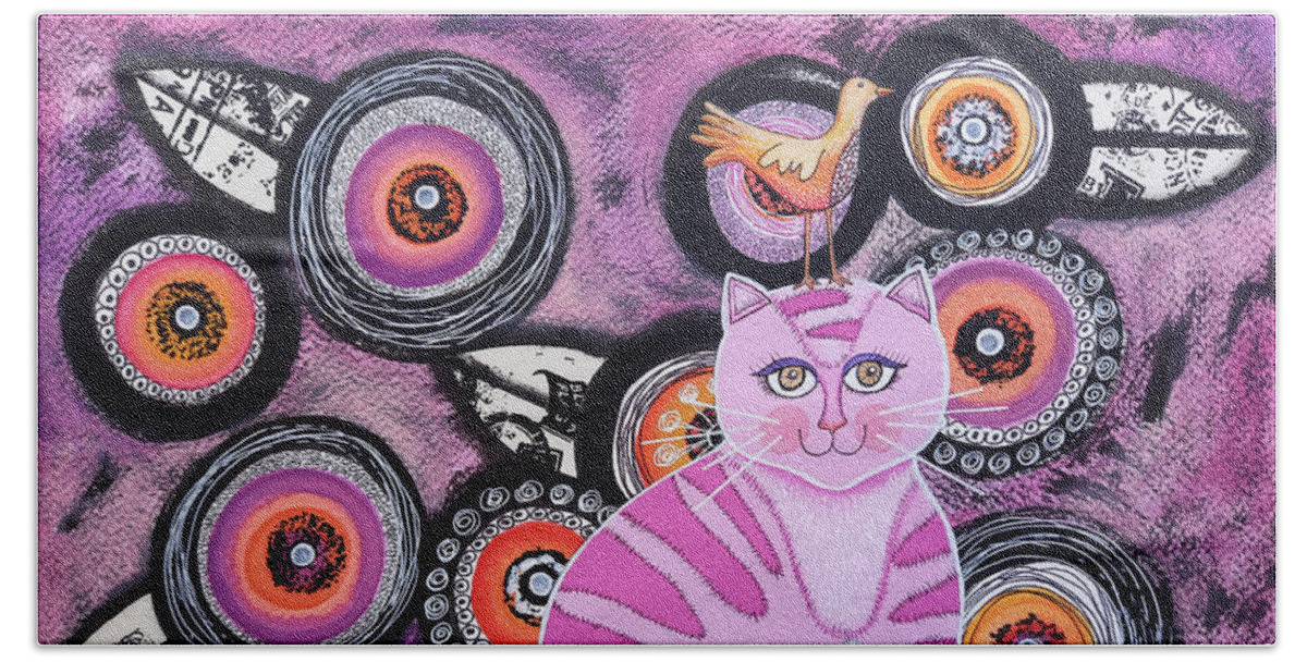 Cat Beach Towel featuring the painting Pink kitten with flowers by Graciela Bello