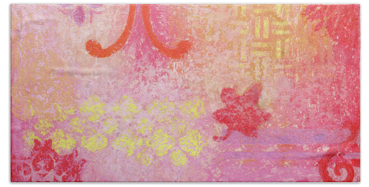 Abstract Beach Towel featuring the painting Pink Lady Magic by Amy E Fraser