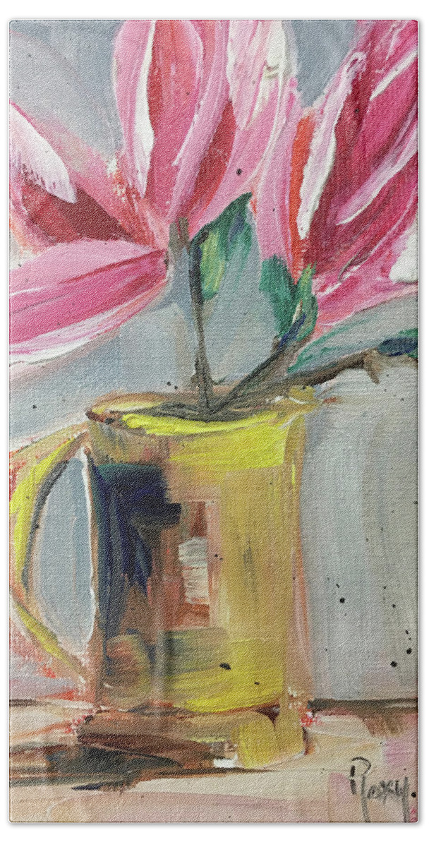 Magnolias Beach Towel featuring the painting Pink Magnolias in a Yellow Porcelain Pitcher by Roxy Rich