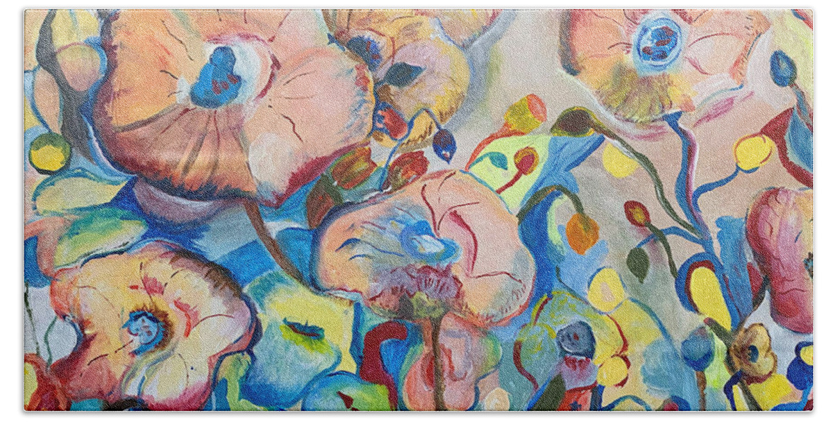 Abstract Beach Towel featuring the painting Abstract poppies and blue by Genevieve Holland