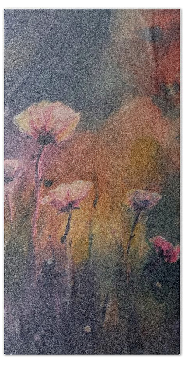 Landscape Beach Towel featuring the painting Pink Poppies by Sheila Romard