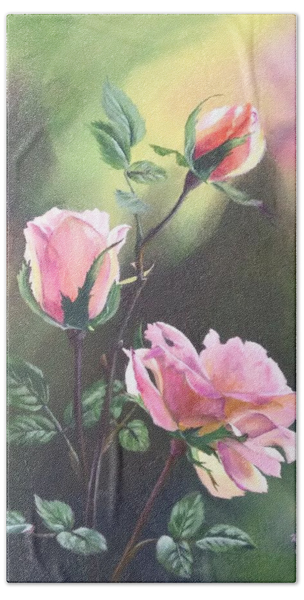 Pink Rose Beach Towel featuring the painting Three Phases of Pink by Helian Cornwell