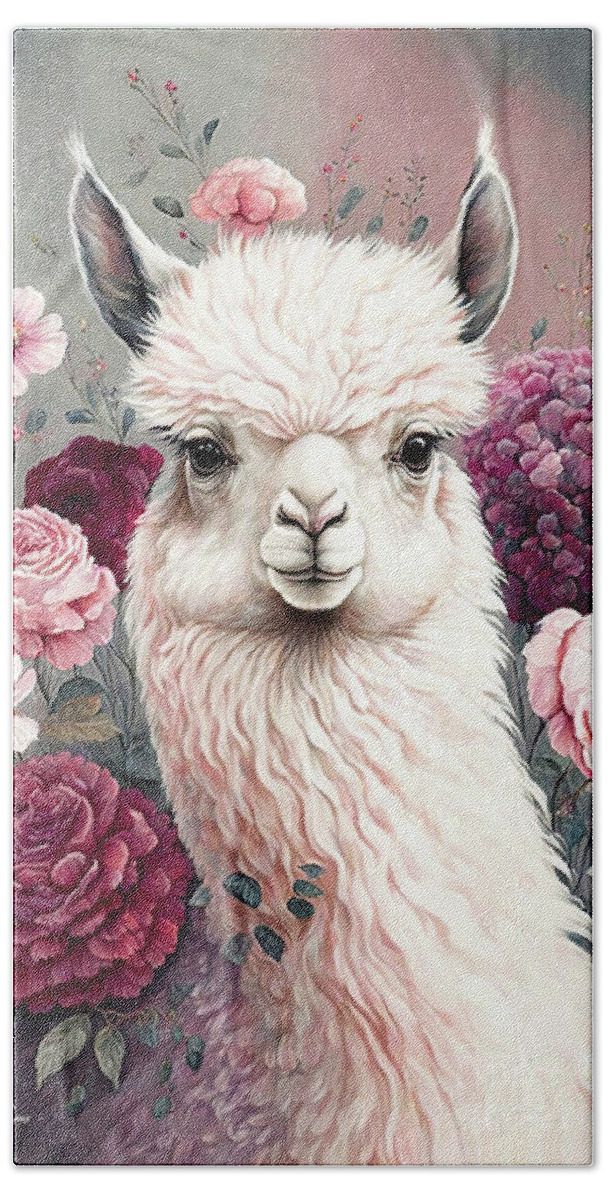 Llama Beach Towel featuring the painting Pink Rose Llama by Tina LeCour