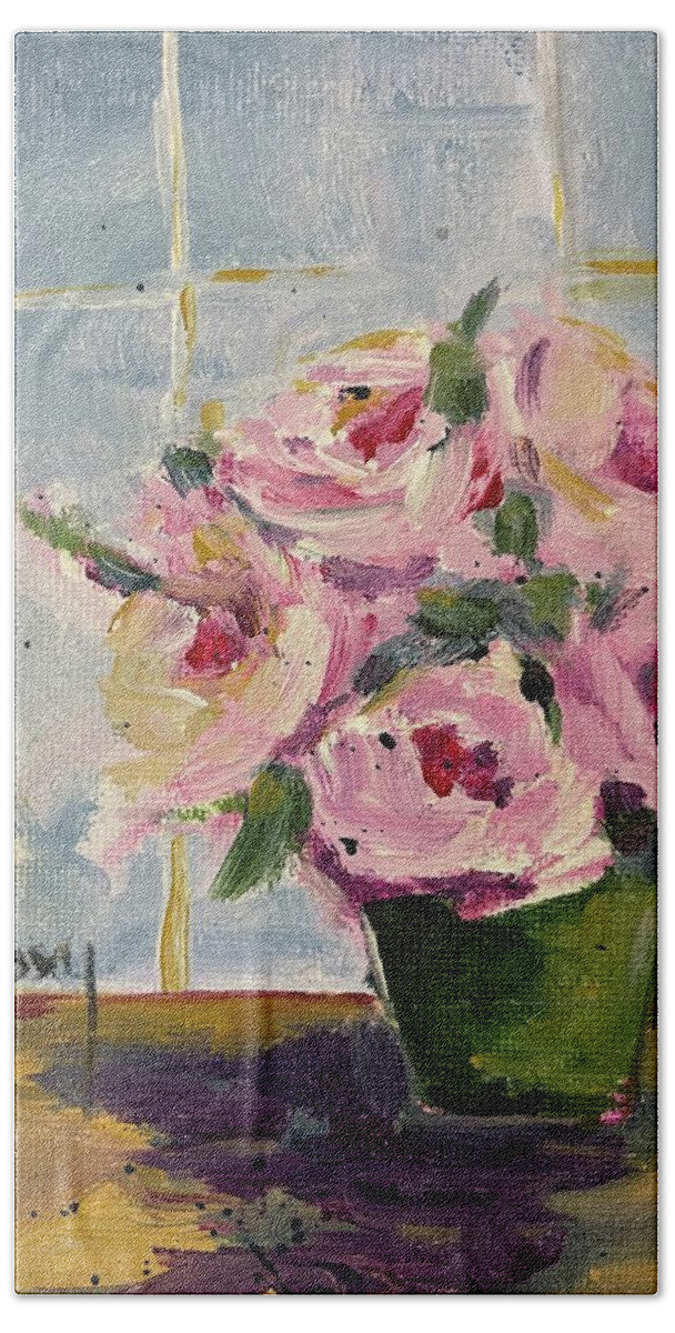 Pink Roses Beach Towel featuring the painting Pink Roses by the Window by Roxy Rich
