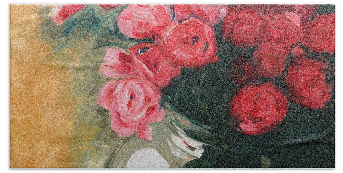 Painting Beach Towel featuring the painting Pink Roses by Sheila Romard