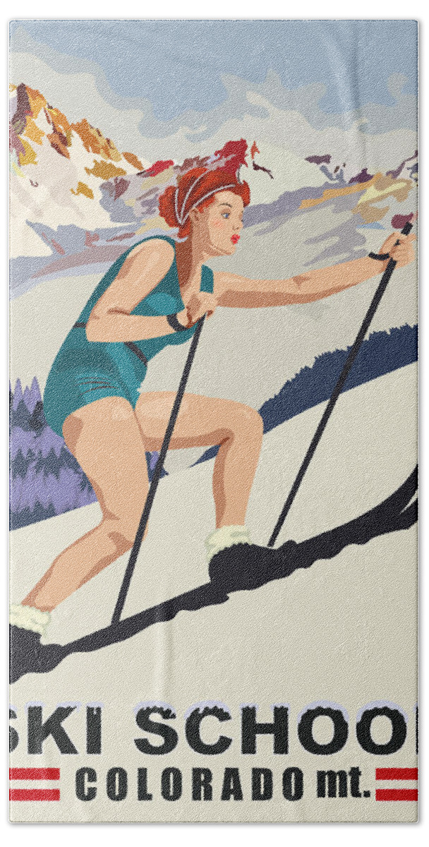 Pinup Beach Towel featuring the digital art Pinup Girl on Ski School at Colorado Mountains by Long Shot