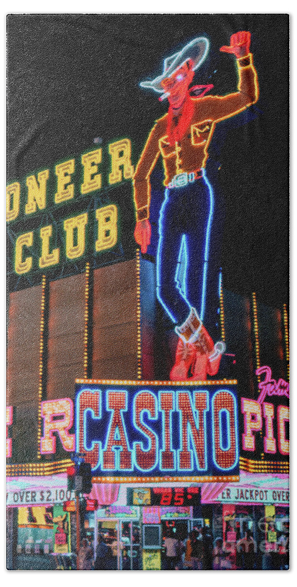 Vegas Vic Beach Sheet featuring the photograph Pioneer Club Vegas Vic Portrait 1960s at Night by Aloha Art