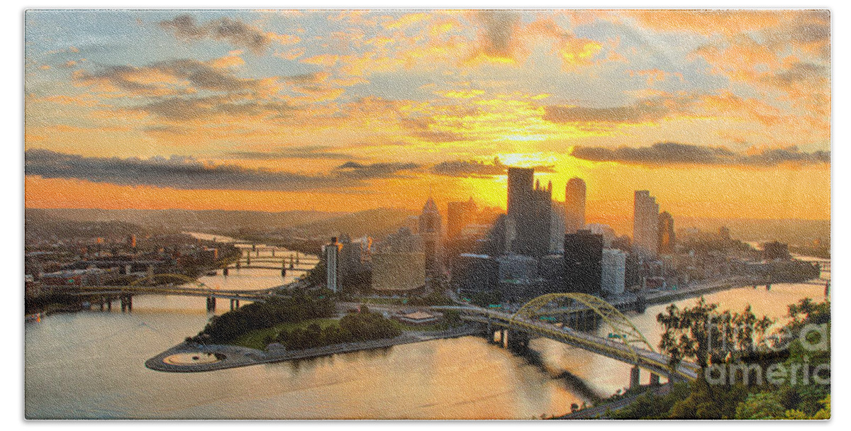 Pittsburgh Beach Towel featuring the photograph Pittsburgh Mt Washington Sunrise August 2022 Panorama by Adam Jewell