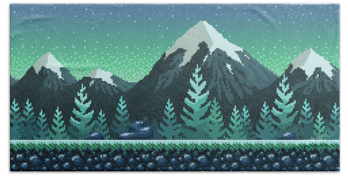 Pixel art seamless background. Location with snowy mountains at night.  Landscape 8-bit Beach Towel by Julien - Fine Art America