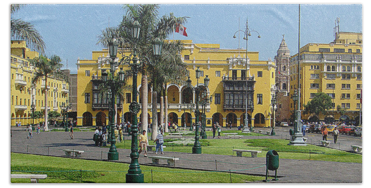 Yellow Buildings Beach Towel featuring the photograph Plaza Mayor Lima Peru by Karen Zuk Rosenblatt