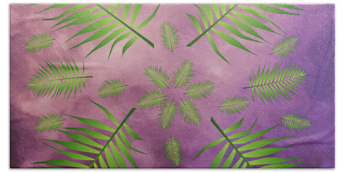 Palm Beach Towel featuring the digital art Plethora of Palm Leaves 18 on a Purple and Pink sky by Ali Baucom