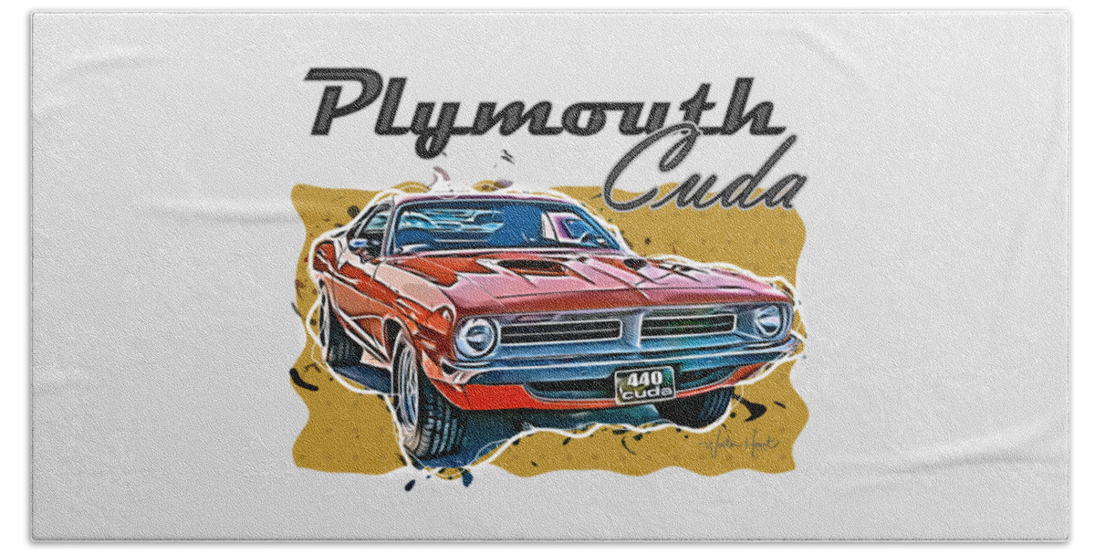 Plymouth Beach Towel featuring the digital art Plymouth Cuda American Muscle Car by Walter Herrit